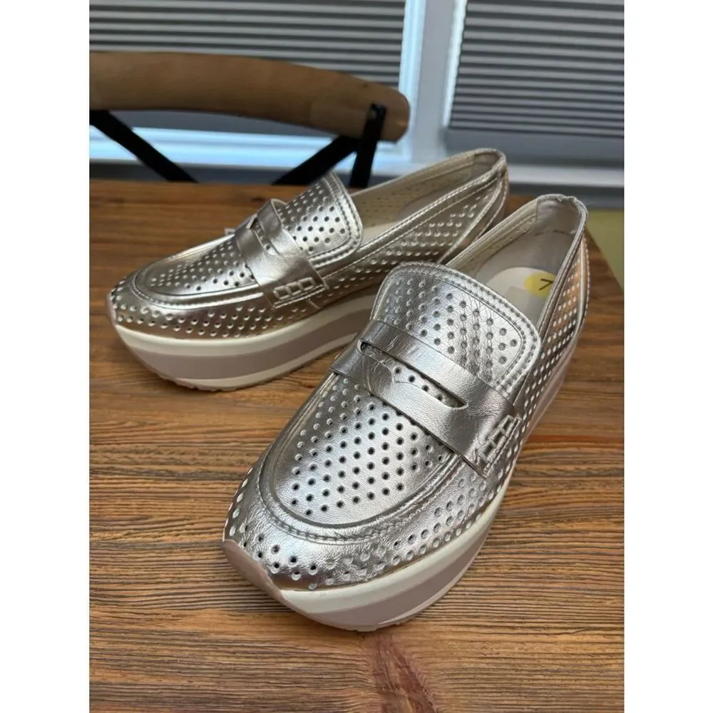 Dolce Vita Champagne Metallic Perforated Platform Loafers